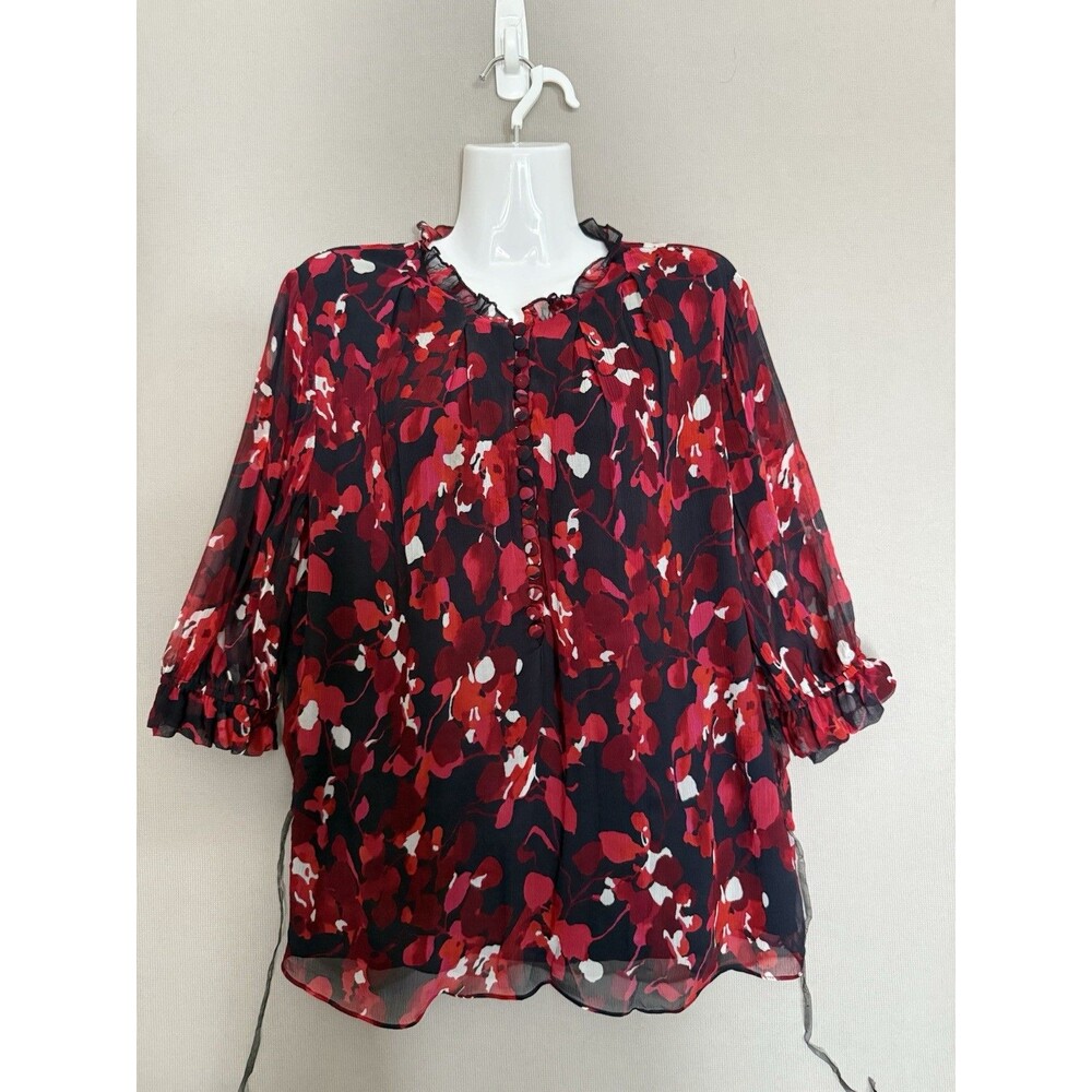 The Fold Crepe Popover Blouse Womens 10 US 100% Silk Black Red Floral Cottage